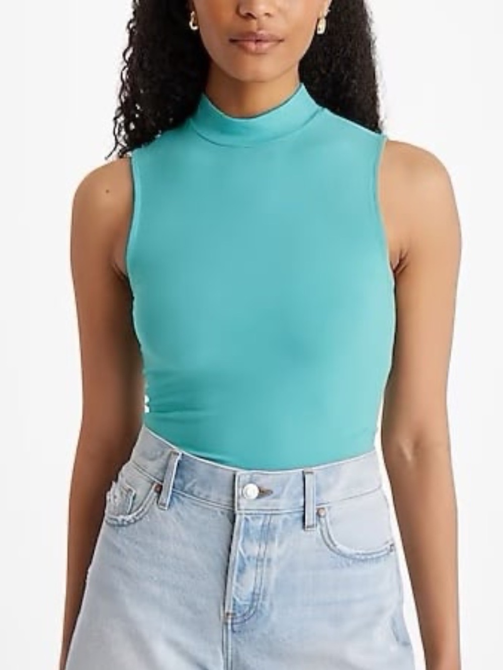 Express Blue Lagoon Fitted Ribbed Mock Neck Fitted Sleeveless Tank